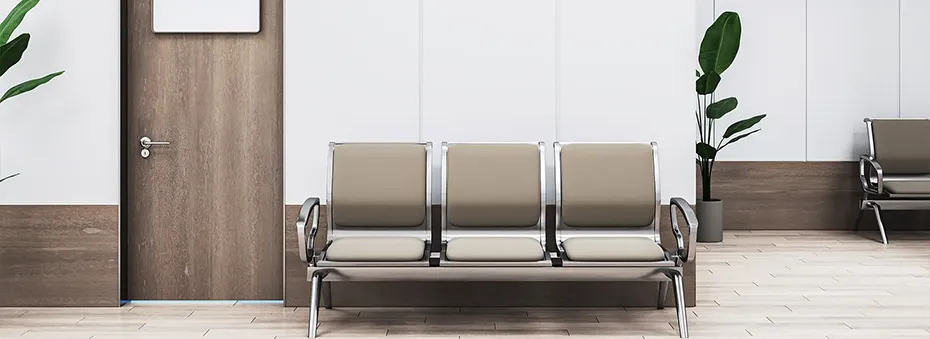 Spacious office waiting area with wooden