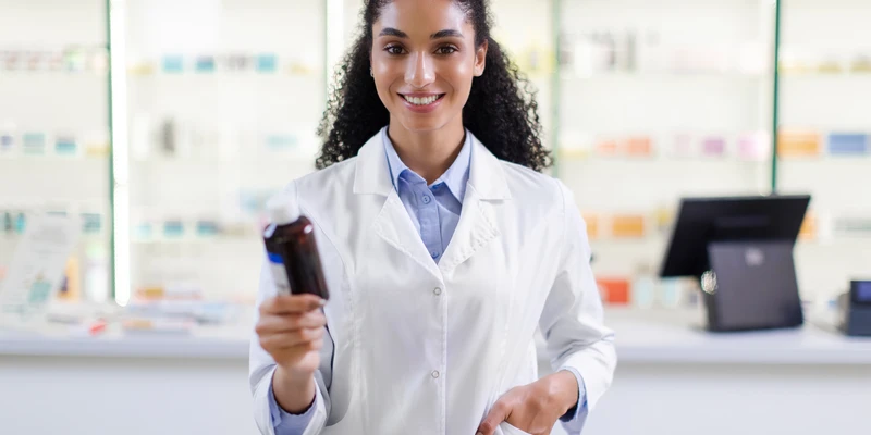 cheerful young woman pharmacist holding bottle stretching camera