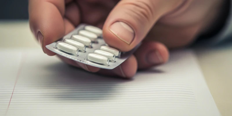 closeup hand holding pills blister pack