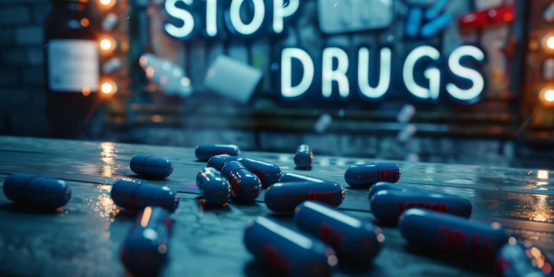 pills different colors with text stop drugs