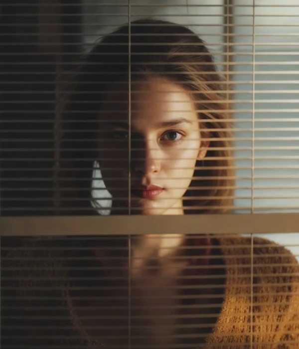 woman window blinds